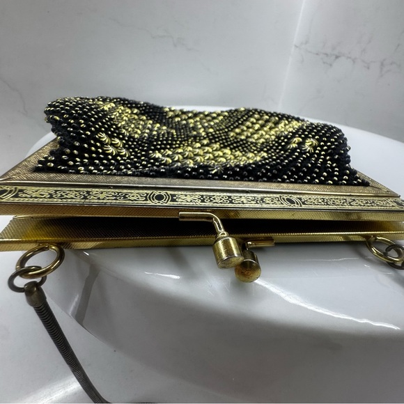 vintage 70s black studded purse beaded evening bag handbag w kiss clasp closure - Picture 7 of 10